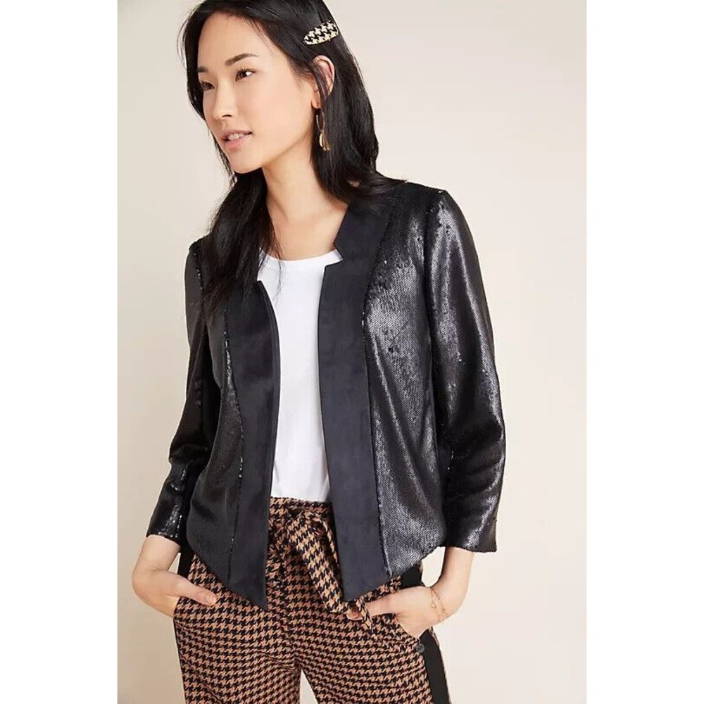 Anthropologie Shonda Sequined Black Open Jacket Size S Shimmer dressy